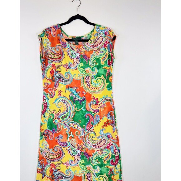 LRL Ralph Lauren Dress Orange Mini Floral Paisley Sheath Stretch Boho Medium - Picture 5 of 10
